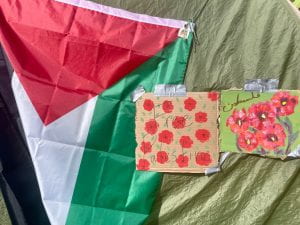 Palestinian flag with drawings of flowers
